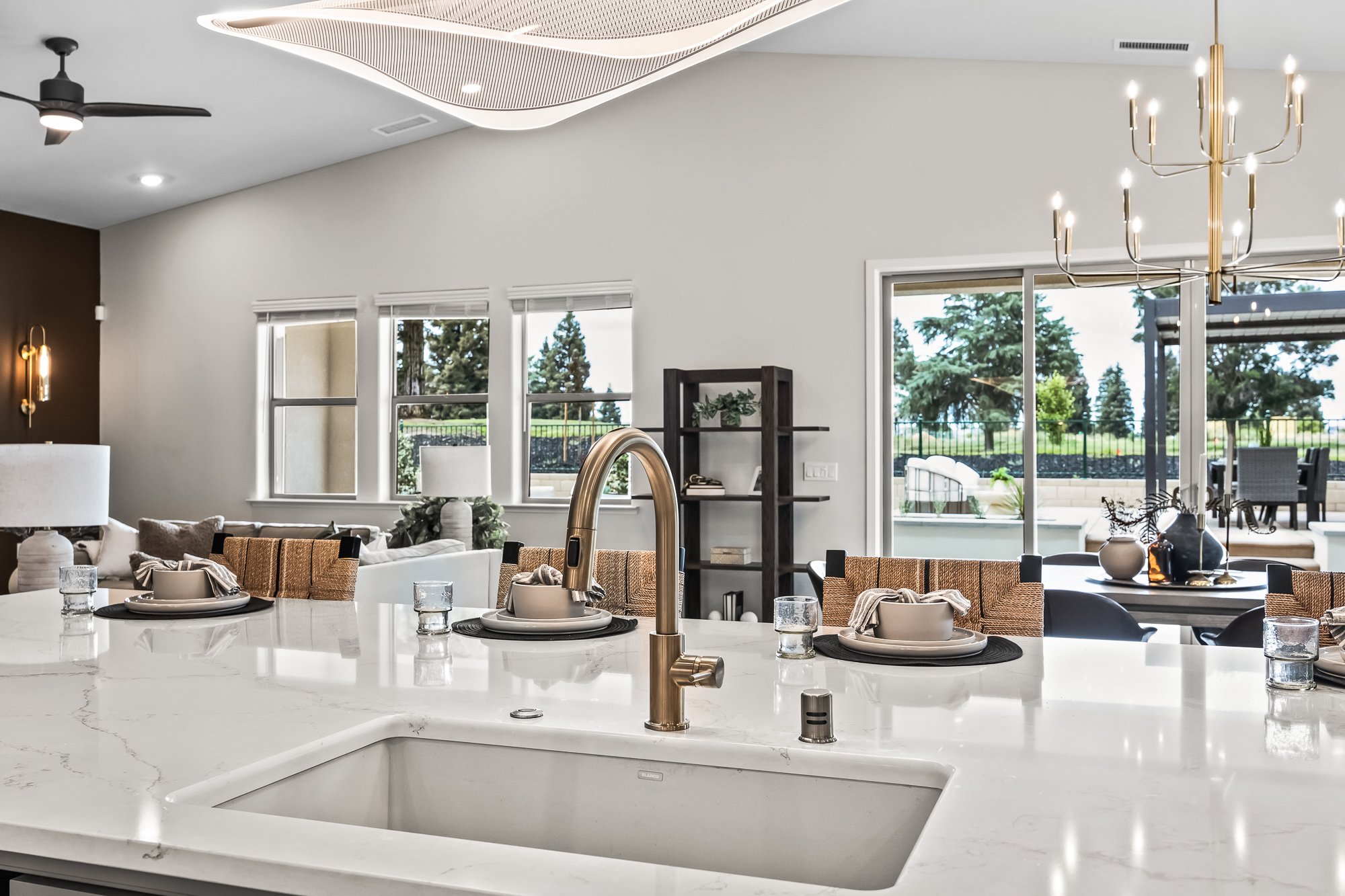 Wide angle from kitchen, showing great room