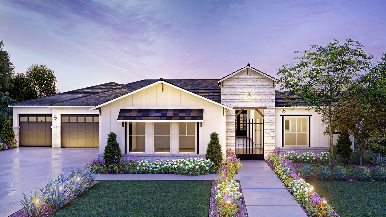 Artist rendering of white single-story Residence 5 home with white brick accents