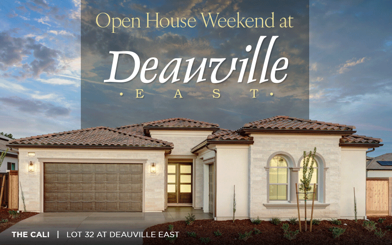 Photos of two single-story homes: a Bella with white siding and white brick accents, and a Cali with white stone accents