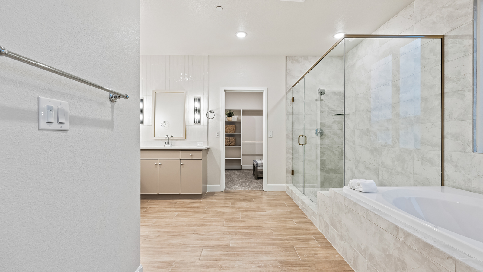 Wide angle of primary bathroom